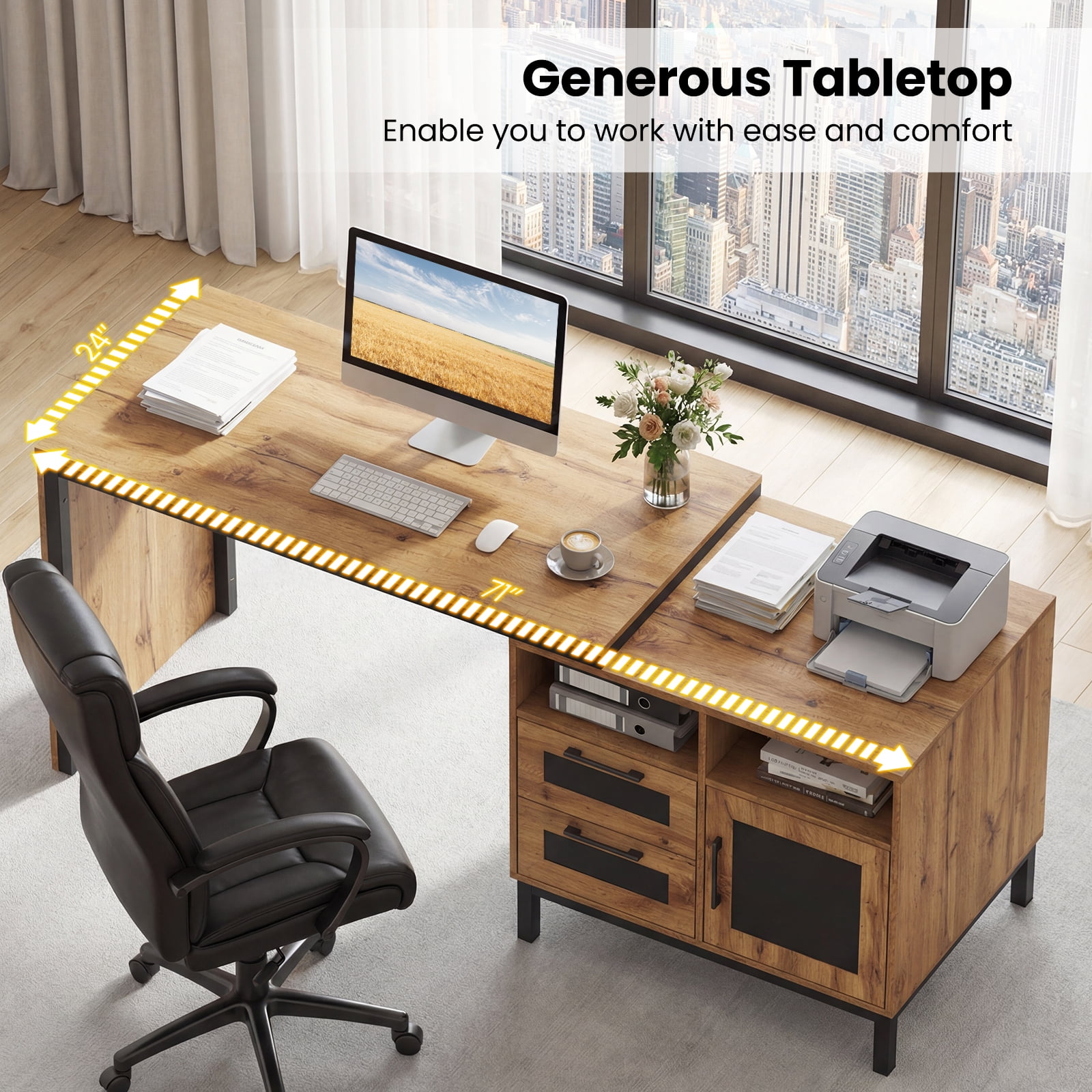 Costway 71” Executive Desk with Open Compartments, Storage Drawers & Single-Door Cabinet Natural