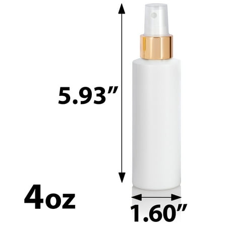 White Plastic HDPE Cylinder Squeeze Bottle with Gold Fine Mist Sprayer - 4 oz (12 Pack)