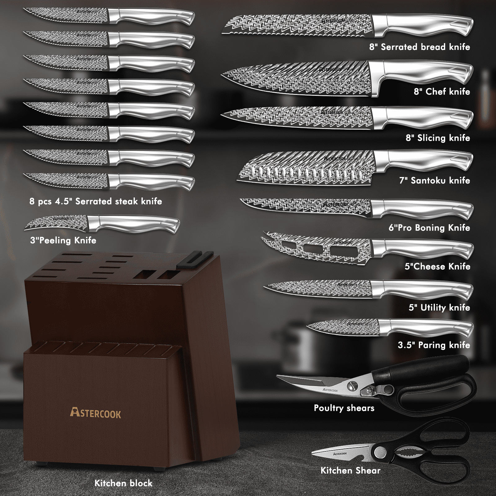 Astercook 20 Pcs Kitchen Knife Set with Block, Full Tang Knives Sets German Stainless Steel, Builtin(图3)