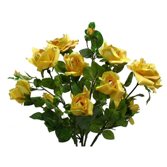 Yellow Hybrid Tea Rose with Buds 27in Artificial Polysilk Faux Fake Flower Bush for Craft Home Garden Outdoor Bouquet Arrangement Ceremony Wedding Arch Floral Wall Aisle Decor (Gold Yellow, One each)
