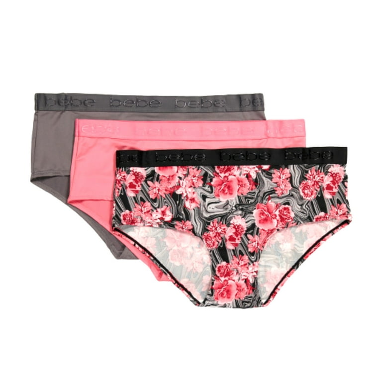 Bebe Women's Plus 3 -Pack Tag Free Logo at Waist Floral / Solid Hipster  Panties 