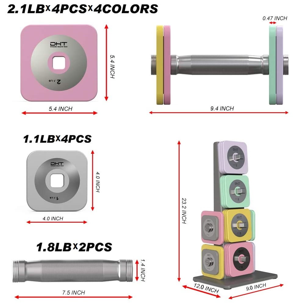 DHT Dynamic Health Tech D100S Adjustable Weight Macaron Color Dumbbell Set, 2-Pack, 1.8-22 lbs Each