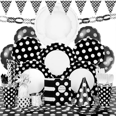Deluxe Black Polka Dot Party Supplies Kit for 8
