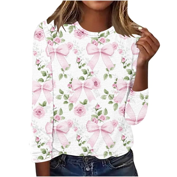 Women's Long Sleeve Tops 2026 Spring Trendy Floral Printed Tees Shirts Ladies Dressy Blouses Casual Loose Clothing