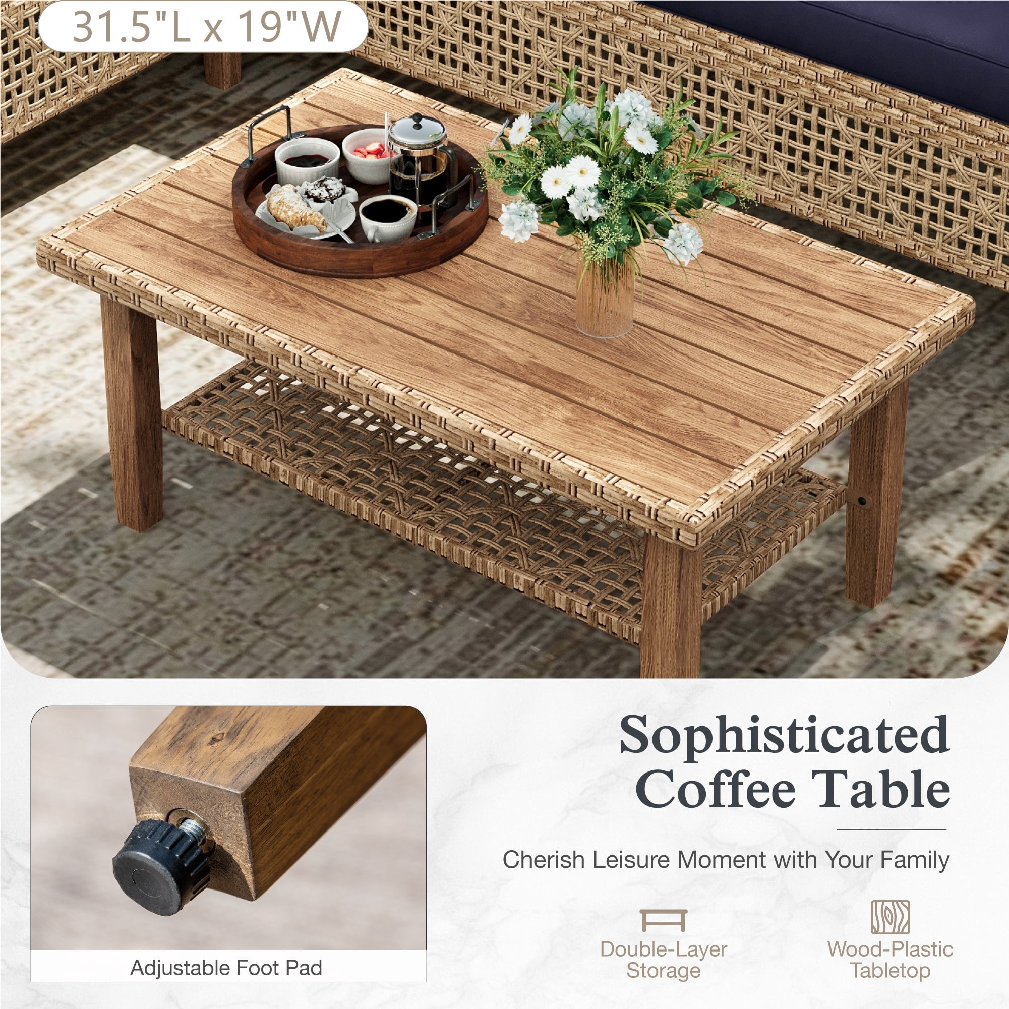 Alpha Joy 3 Pieces Wicker Patio Furniture Conversation Set Boho Style Outdoor Sofa with Coffee Table and Navy Blue Cuchions
