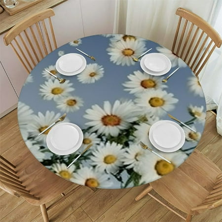 

Round Fitted Tablecloth with Elastic Daisy Flower Tablecloths Washable Floral Green Leaves Ombre Patio Table