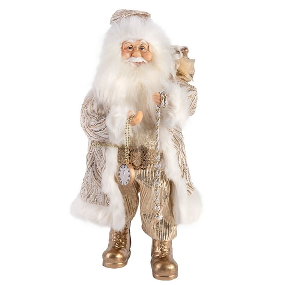 STP Goods Santa Claus with Watch and Gift Bag Collectible Doll 18” (45 cm) Santa Claus Christmas Figurine Holiday Décor Xmas Standing Decoration Xmas Figure Doll Decoration, Gold and White