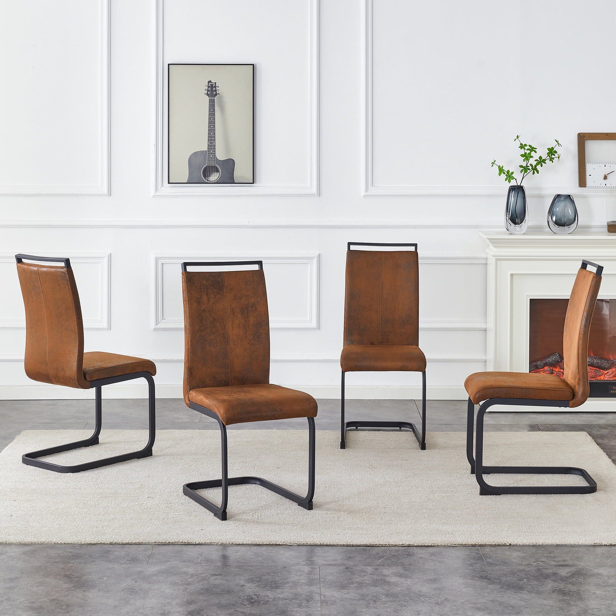 Dining Chairs Set of 4, Vintage Brown Tech Fabric Dining Chairs 39.3 Inch High with Ergonomic Backrest, 17 Inch Deep Seat, Modern Upholstered Chairs for Dining Room, Cafe and Leisure Area