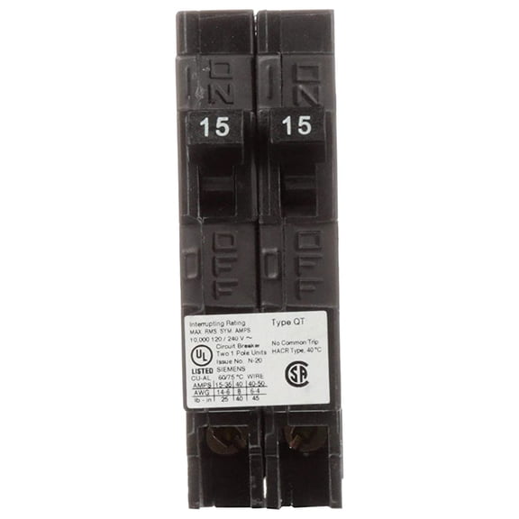 Siemens Q1515NC Two 15-Amp Single Pole 120-Volt Non-Current Limiting Circuit Breaker