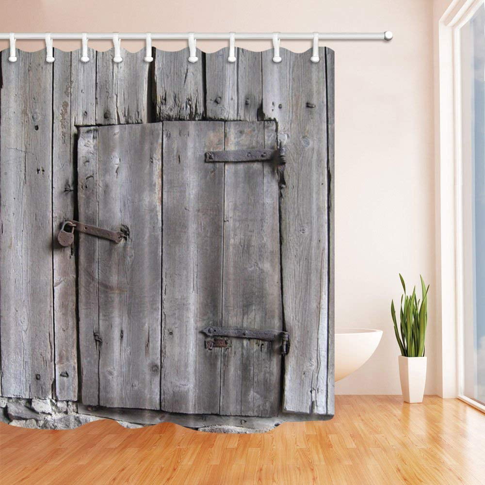 Rustic Retro Locked Wood Barn Door Bath Waterproof Fabric Shower Curtain Hooks 