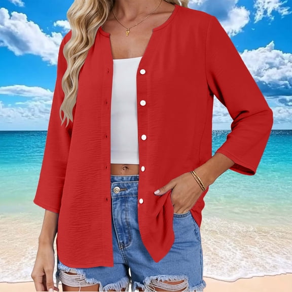 ICHUANYI Women's Button Down T Shirts 3/4 Sleeve V Neck Tops Casual Summer Ladies Tees Solid Color Cardigan Top For Women