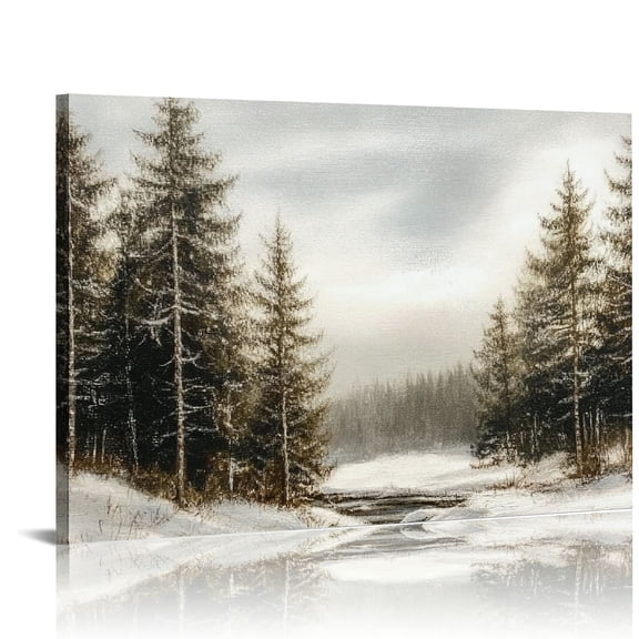 Shadudu Winter Pine Forest Landscape Canvas Wall Art, Rustic Christmas Snowy Pine Tree Print, Watercolor Nature Wilderness Wall Decor Artwork for Living Room 36x24in