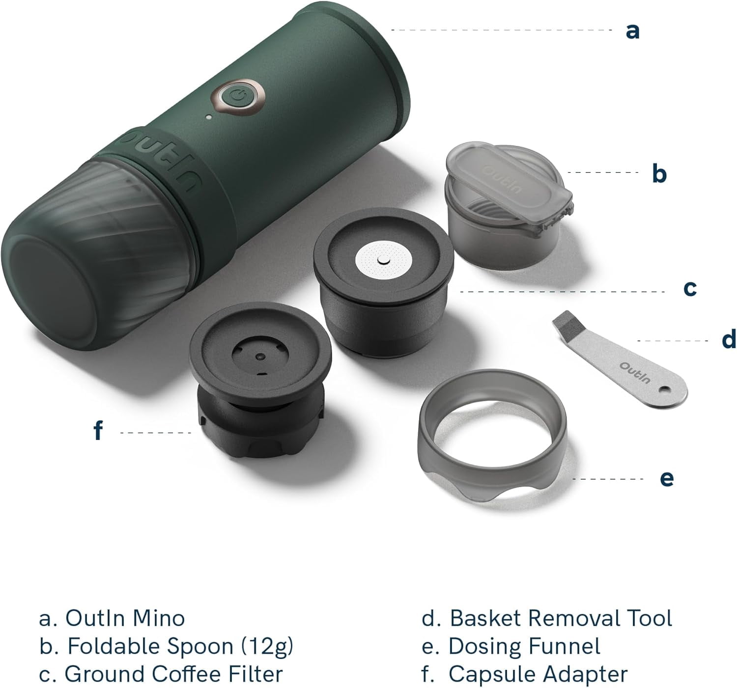 OutIn Mino Portable Electric Espresso Machine, Self-Heating Mini Travel Coffee Maker with Capsule & Ground Coffee Compatibility