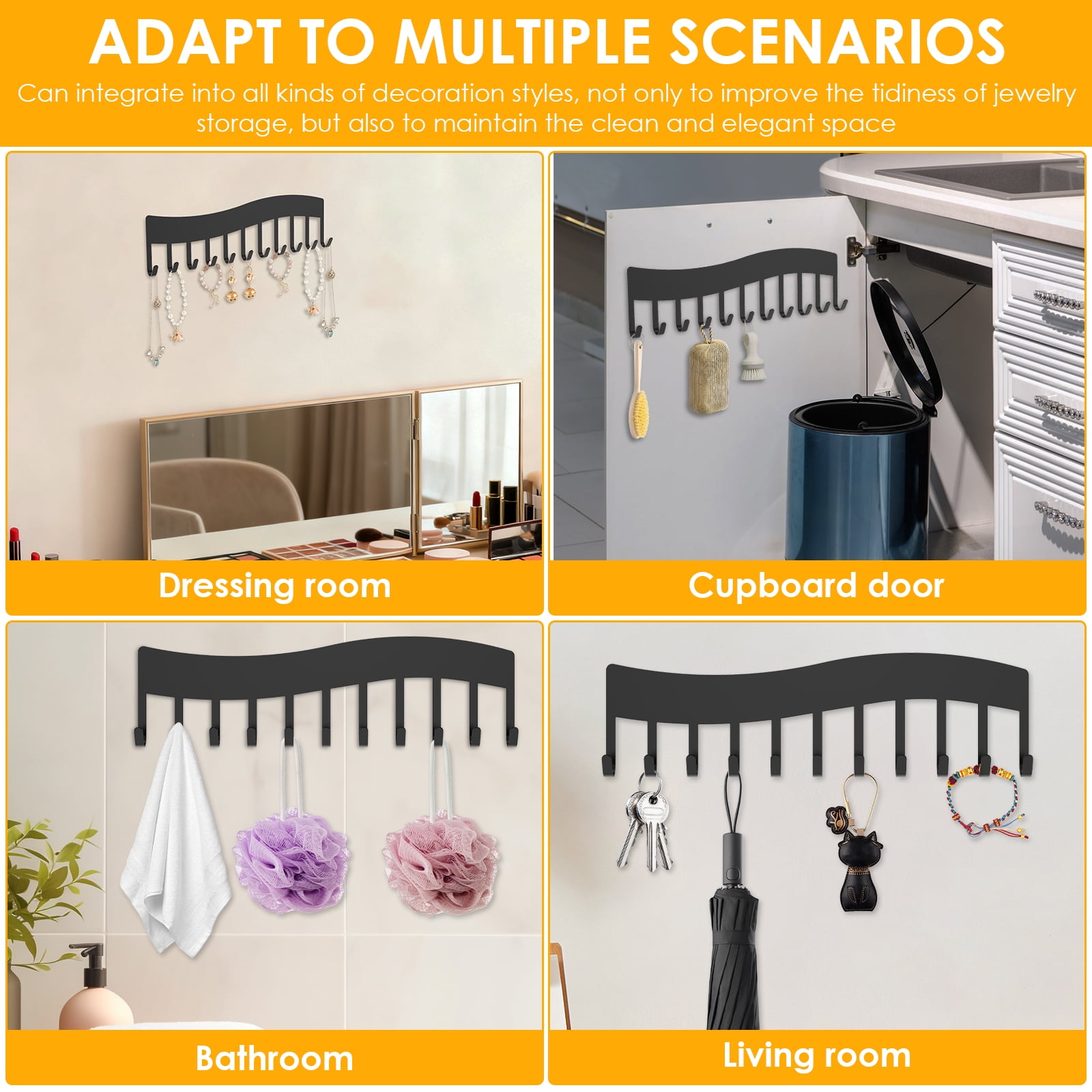 Wall Mounted Necklace Organizer Metal Jewelry Display Hanging Holder 4 Pcs (black )