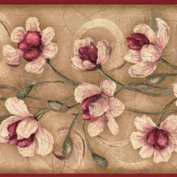CONCORD WALLCOVERINGS â„¢ Bordure de Papier Peint Motif Floral Fleurs Feuilles Tourbillons pour Chambre de Chalet Salon, Beige Rose Vert, 15 Pi par 7 Po KM7774B