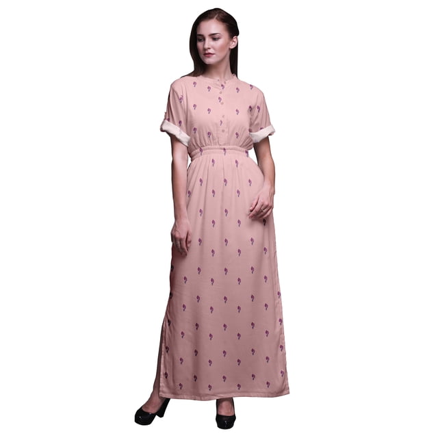 Bimba Robe Longue Imprimée en Rayonne à Feuilles, Taille Smockée, Fente Latérale, Robe pour Femme - Xxx-Grand