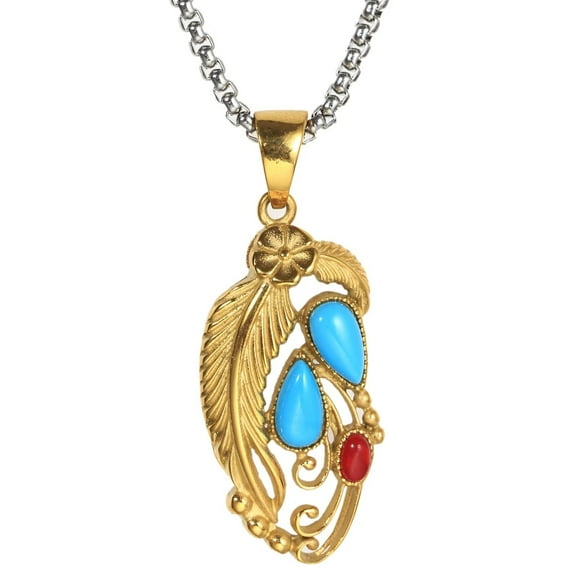 PAMTIER Men's Stainless Steel Vintage Punk Hollow Gemstone Flower Feather Pattern Biker Pendant Necklace Statement Gold with 23.6" Chain
