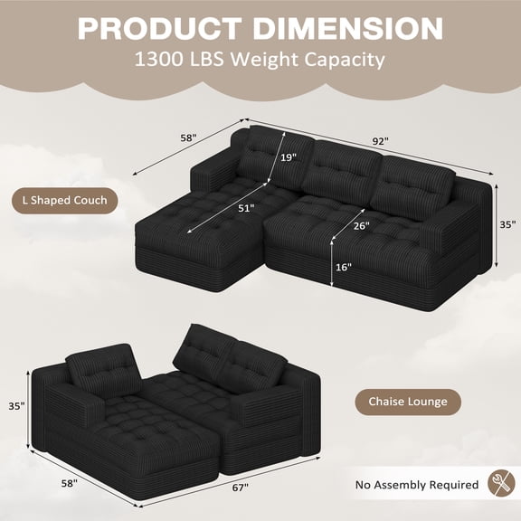 Erinnyees Boneless Cloud Couch Sectional with Chaise, Deep Seat for Small Spaces, No Assembly, Left Facing, Black