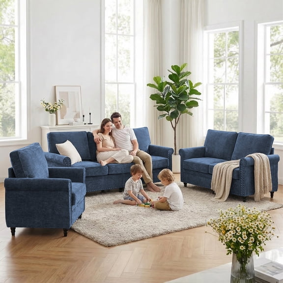 MjkoneΒ Chenille Sectional Sofa Sets,3 Pieces Living Room Furniture Sets,Couch Sets for Living Room,3-Seater Loveseat Armchair,Navy Blue