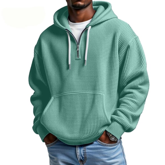 Havenx Mens Waffle Hoodie Long Sleeve Quarter-Zipper Sweatshirts Textured Knit Solid Color Athletic Sweatshirt with Pockets Comfy Athletic Loose Warm Casaul Fall Winter Pullover,Mint Green M