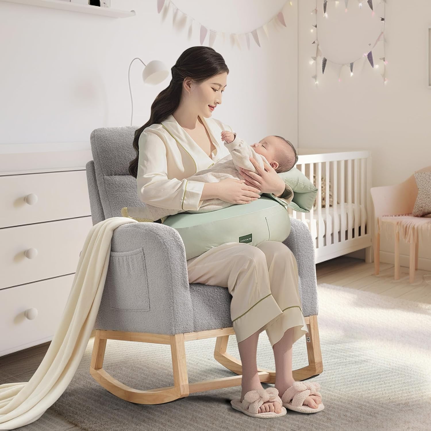 Rocking Glider Chair for Nursery, Wingback Accent Rocker Chair Upholstered Tall Back Arm Chair with Side Pockets, Ursing Rubber Wood Legs and Side Pocket for Living Room, Bedroom