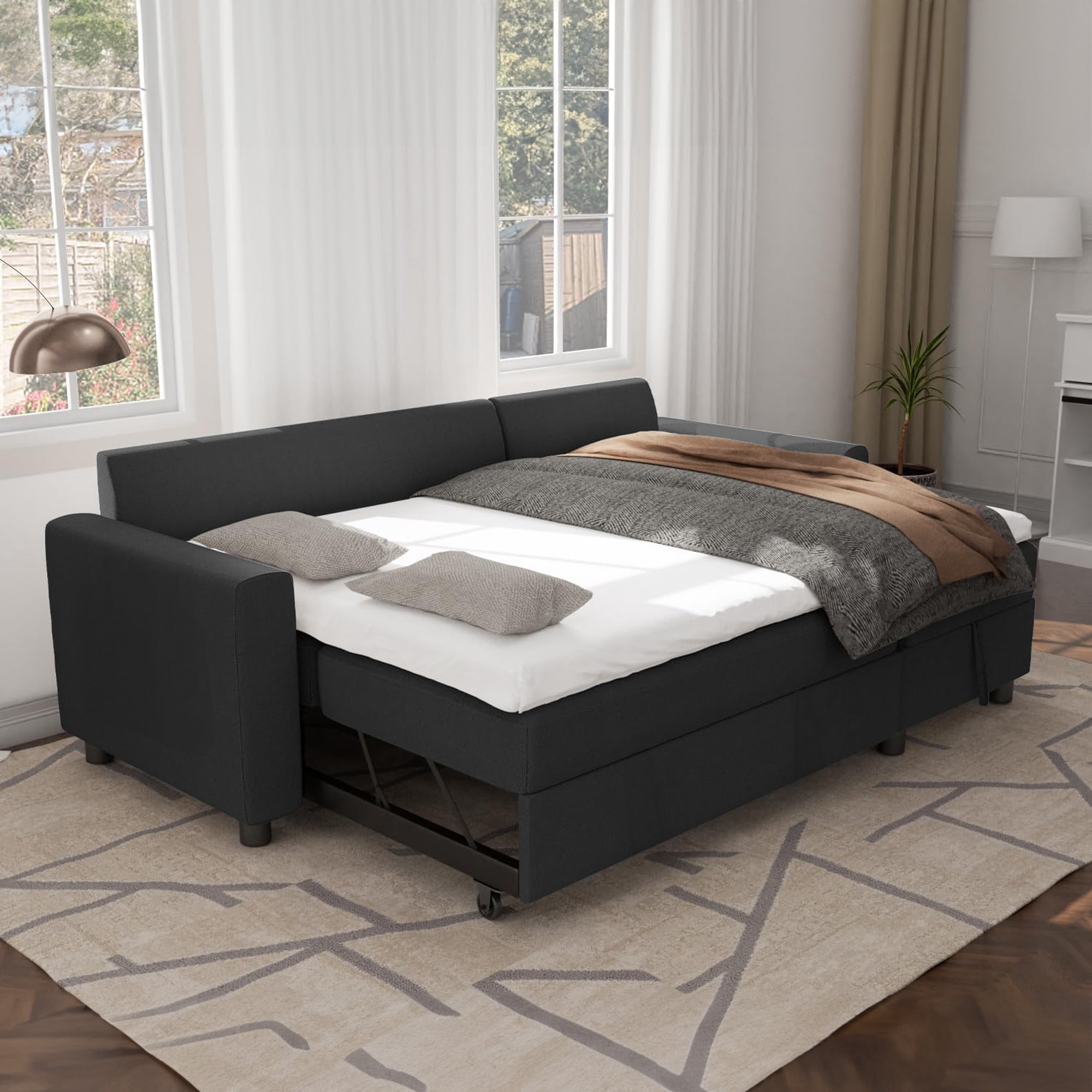 DEALTOPS Linen Reversible Sleeper Sectional Sofa Bed with Storage Chaise,Dark Gray