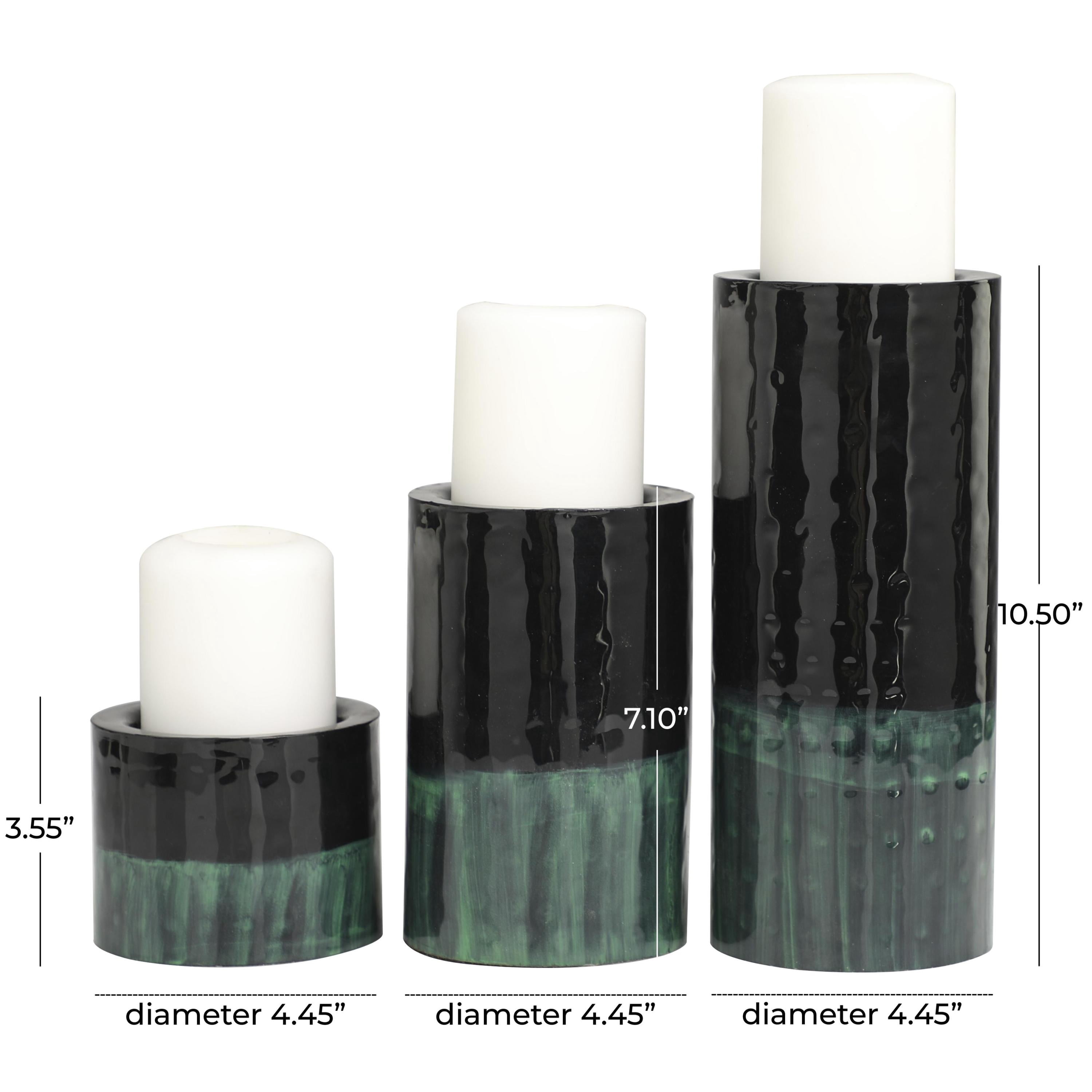 DecMode 3 Candle Green Metal Colorblock Candle Holder with Paint Streak Designs, Set of 3