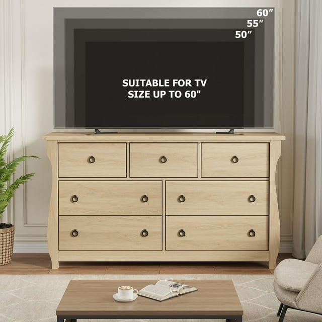 AKDSteel Commode à 7 Tiroirs pour Chambre, Commode à Tiroirs de 54 Pouces de Large avec Rangement Autoportante, Coffre de Rangement en Bois pour Garde-Robe pour Salon, Chambre, Entrée