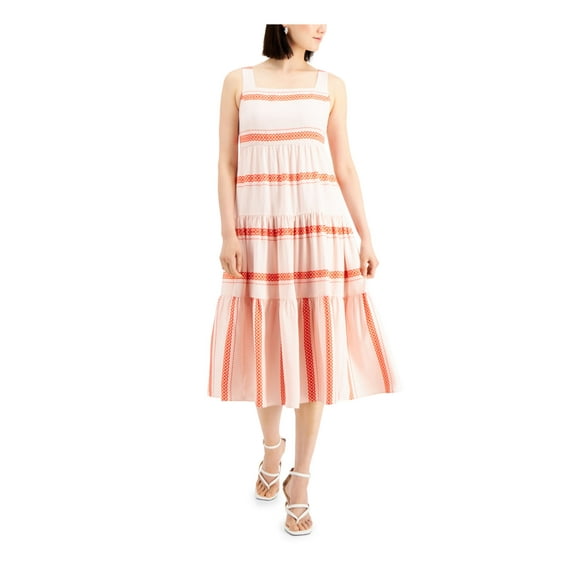 TAYLOR Womens Pink Zippered Ruffled Tiered With Facemask Printed Sleeveless Square Neck Midi Party Baby Doll Dress Petites 2P
