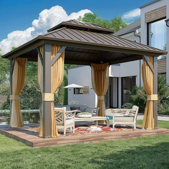 MELLCOM 10'x12' Hardtop Gazebo, Metal Double Roof Aluminum Gazebos with Netting,Brown Permanent Galvanized Steel Pavilion for Patio, Lawn & Deck