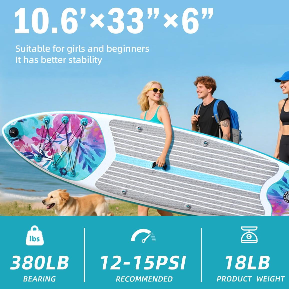 10.6’Stand Up Paddle Board for Adults, 33''Inflatable Paddle Board Comes with Complete Paddleboard Accessories Pump, Backpack, Paddle & Removable Fins