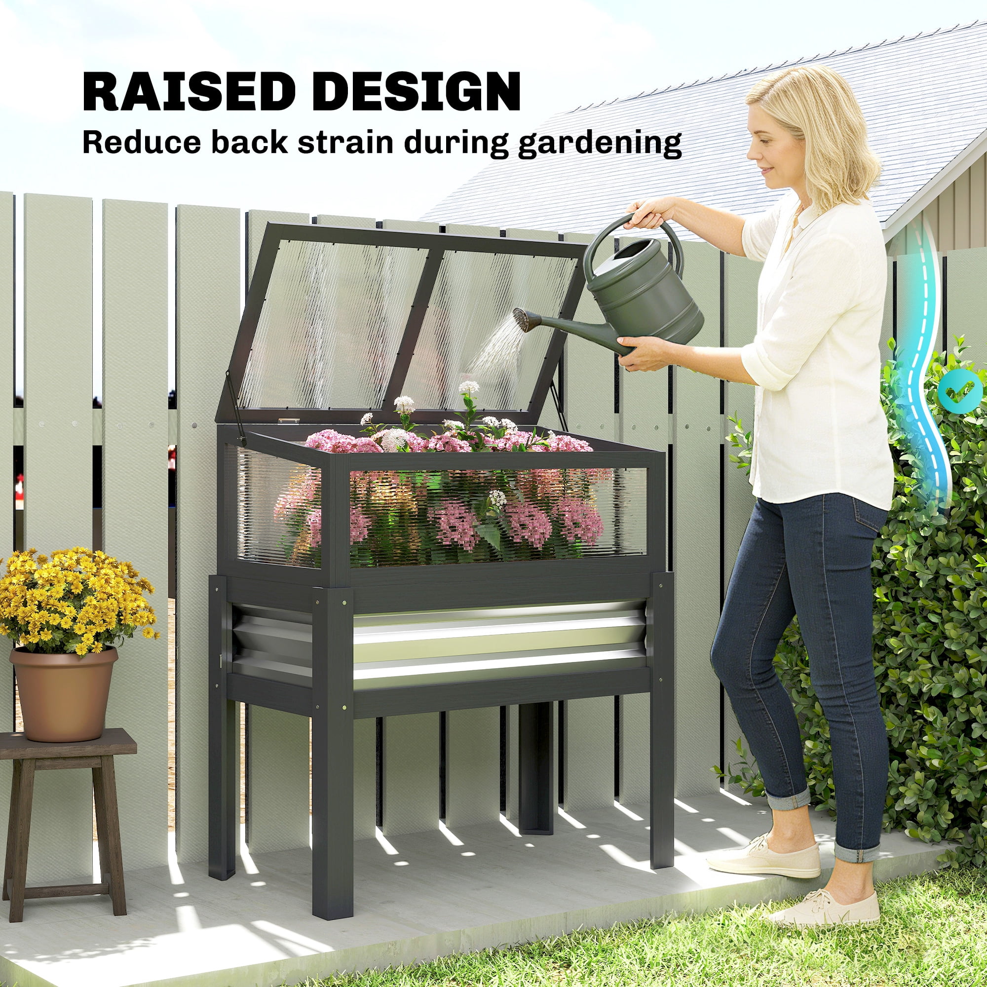 Outsunny Raised Garden Bed with Flip-Up Mini Greenhouse, Elevated Planter Box with Legs and Bed Liner for Flowers, Vegetables, Gray
