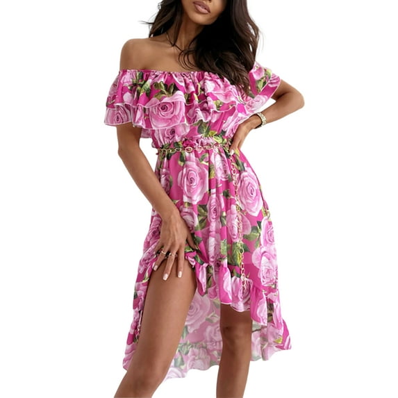 DYMADE Women‘s Vocation Summer Bohemia Short Sleeve Off-The-Shoulder Floral Print Trapeze & Swing Dress