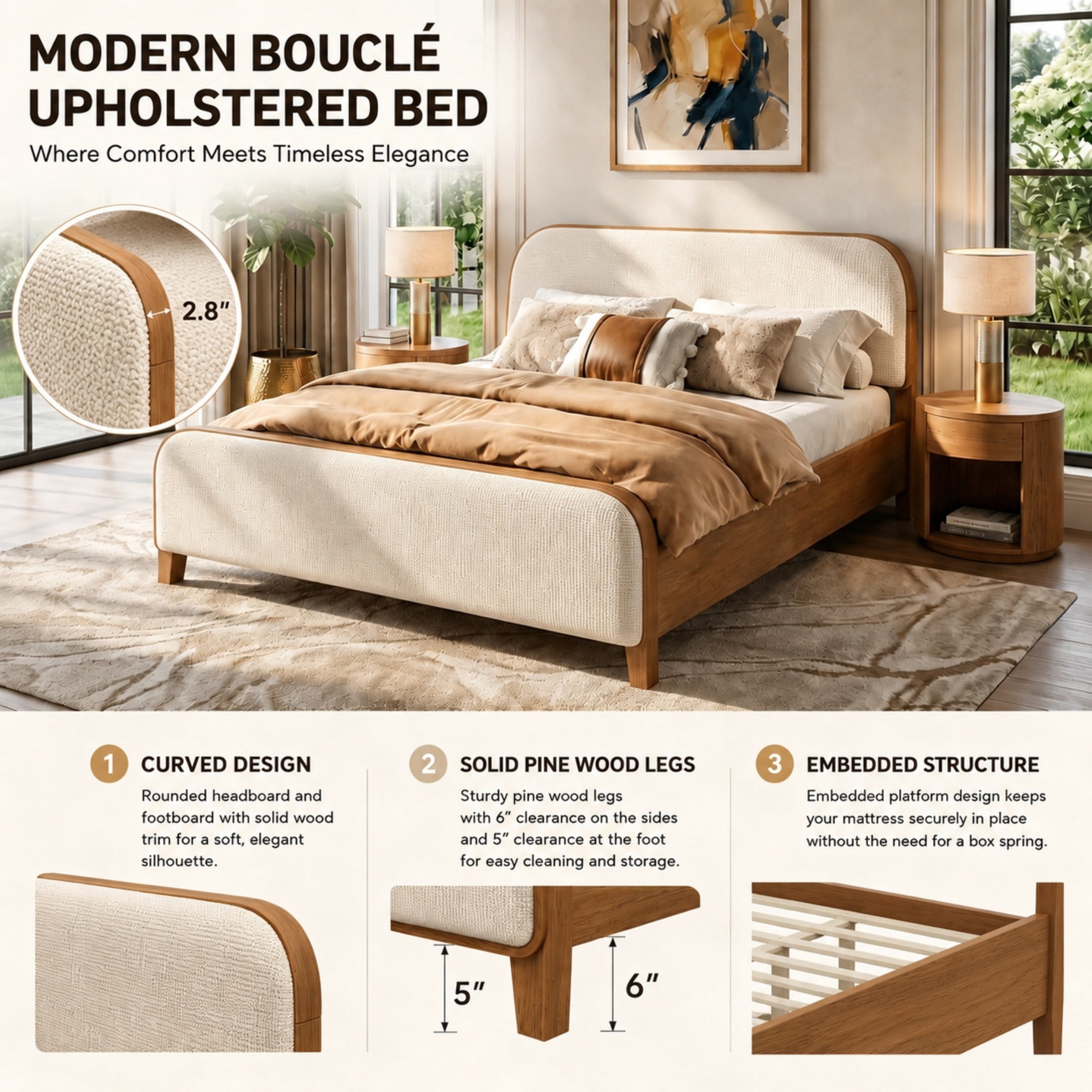 Christopher Knight Home King Upholstered Platform Bed Frame, Rounded Headboard & Footboard, Natural+Taupe