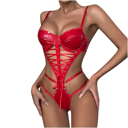 XMMSWDLA Women  s Sleeveless Catsuit Pu Leather Bodysuit Jumpsuit Lingerie corset Lingerie Outfit Red
