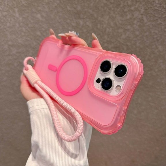 For iPhone 15 Magnetic Phone Case,With Wrist Strap,Compatible with Mag-Safe,3-in-1 Heavy Duty Shockproof Frosted Translucent Rugged Anti-Scratch Anti-Drop Slim Phone Case,Pink