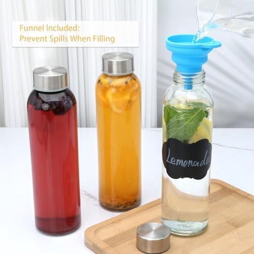 WLIKKS Glass Juice Bottle with Lids,16oz Juicing Bottles Reusable, Clear Glass Water Bottles 16 oz with Stainless Steel Airtight Cap,Juice Beverage Container, Leak Proof，Set of 8