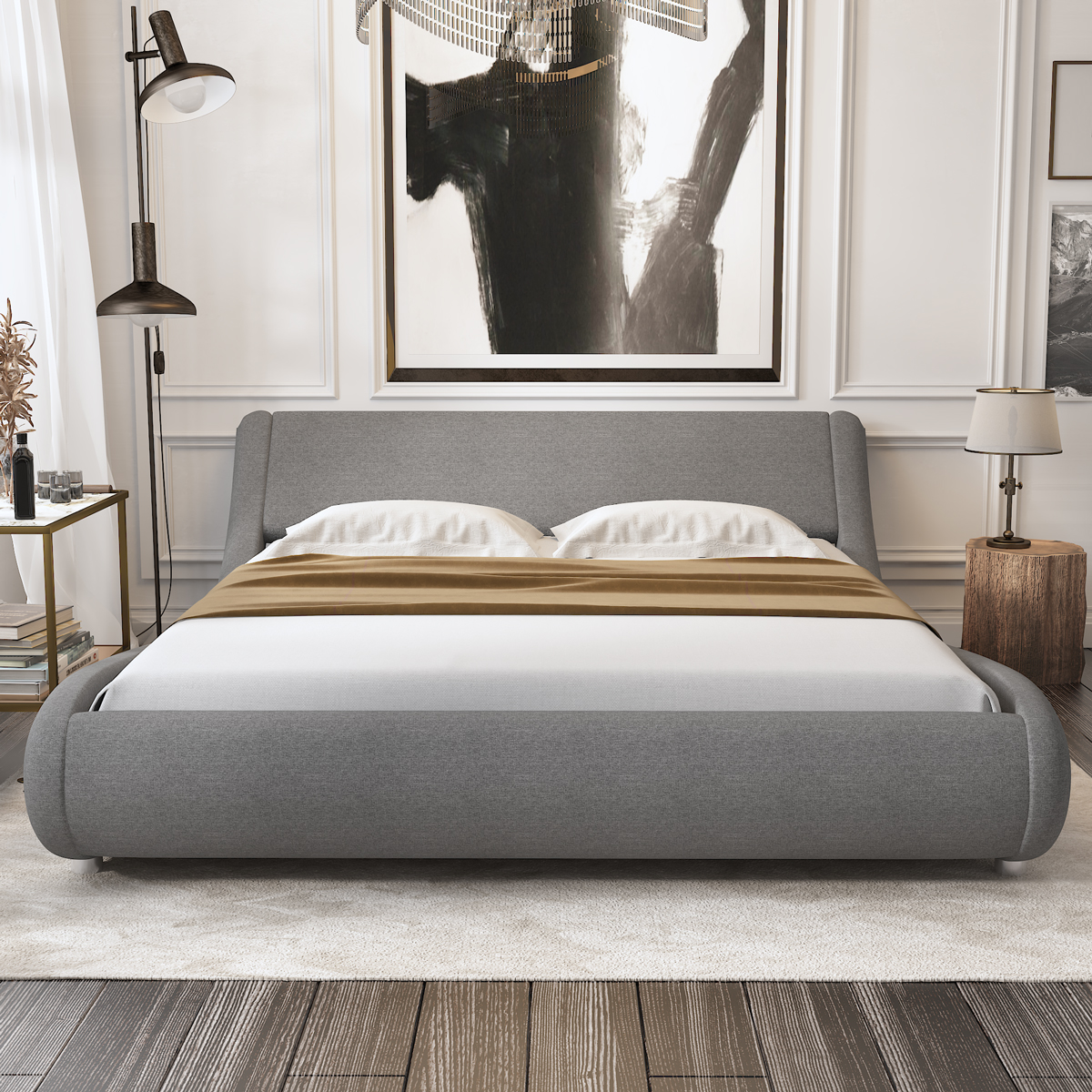 Amolife King Size Fabric Upholstered Platform Bed Frame Curved