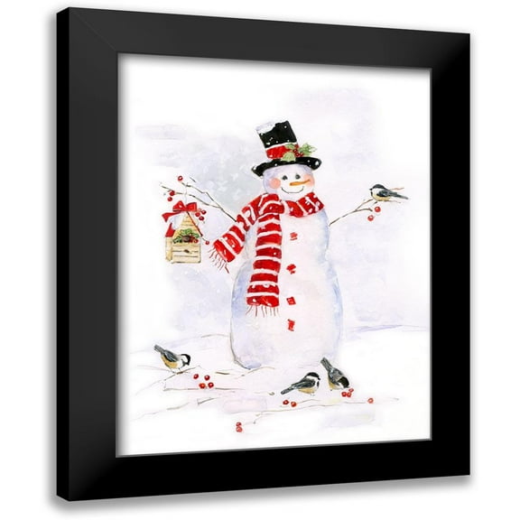 Swatland, Sally 12x14 Black Modern Framed Museum Art Print Titled - Snowman and Chickadee Friends II
