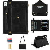 Case for iPad 10th Gen 10.9" 2022 Crossbody Tablet Case with Card Slots & Stand & Shoulder Strap & Wristband & Pencil Holder, Vintage Labyrinth Pattern PU Leather Wallet Envelope Cover, Black