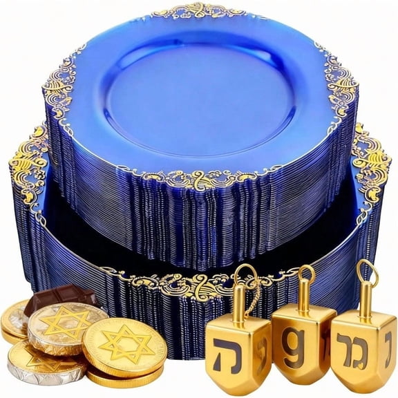 102PCS Blue Plastic Plates - Royal Gold Disposable Plates - Clear Blue Party Plate - Heavyweight Disposable Plate with Gold Rim - Fancy Dinner Dert Plates for 51 Guests Party Wedding