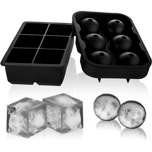 glacio Ice Cube Trays Silicone Combo Ice Molds - Set of 2, Sphere Ice Ball Maker with Lid & Large Square Molds, Reusable and BPA Free,,F133471