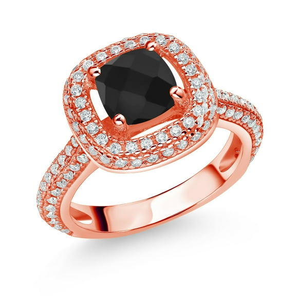 Gem Stone King 18K Rose Gold Plated Silver Black Onyx and White Moissanite Engagement Ring for Women (1.55 Cttw, Cushion Checkerboard 6MM, Gemstone December Birthstone, Size 5)