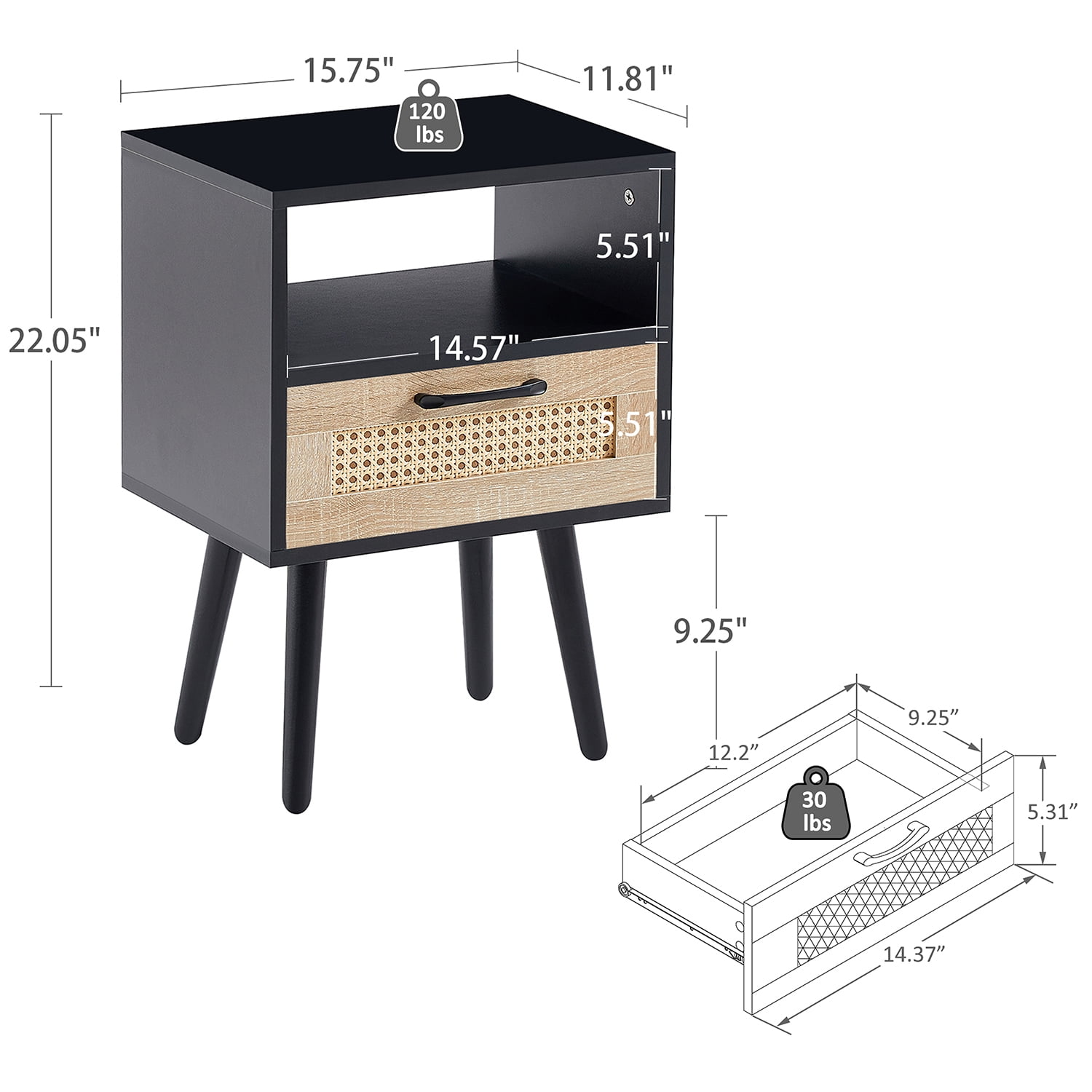Kadyn Rattan Bedside Table, 15.75" Night Stand with Drawer and Solid Wood Legs, Modern Wood Nightstand for Bedroom, Black Kadyn Rattan Bedside Table, 15.75" Night Stand with Drawer and Solid Wood Legs, Modern Wood Nightstand for Bedroom, Black