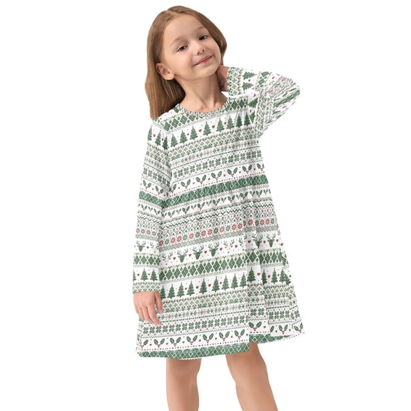 Girls Dress Soft Casual Long Sleeve Cute Dress for Girls Fashion Prints Christmas Bohemian Style Crew Neck