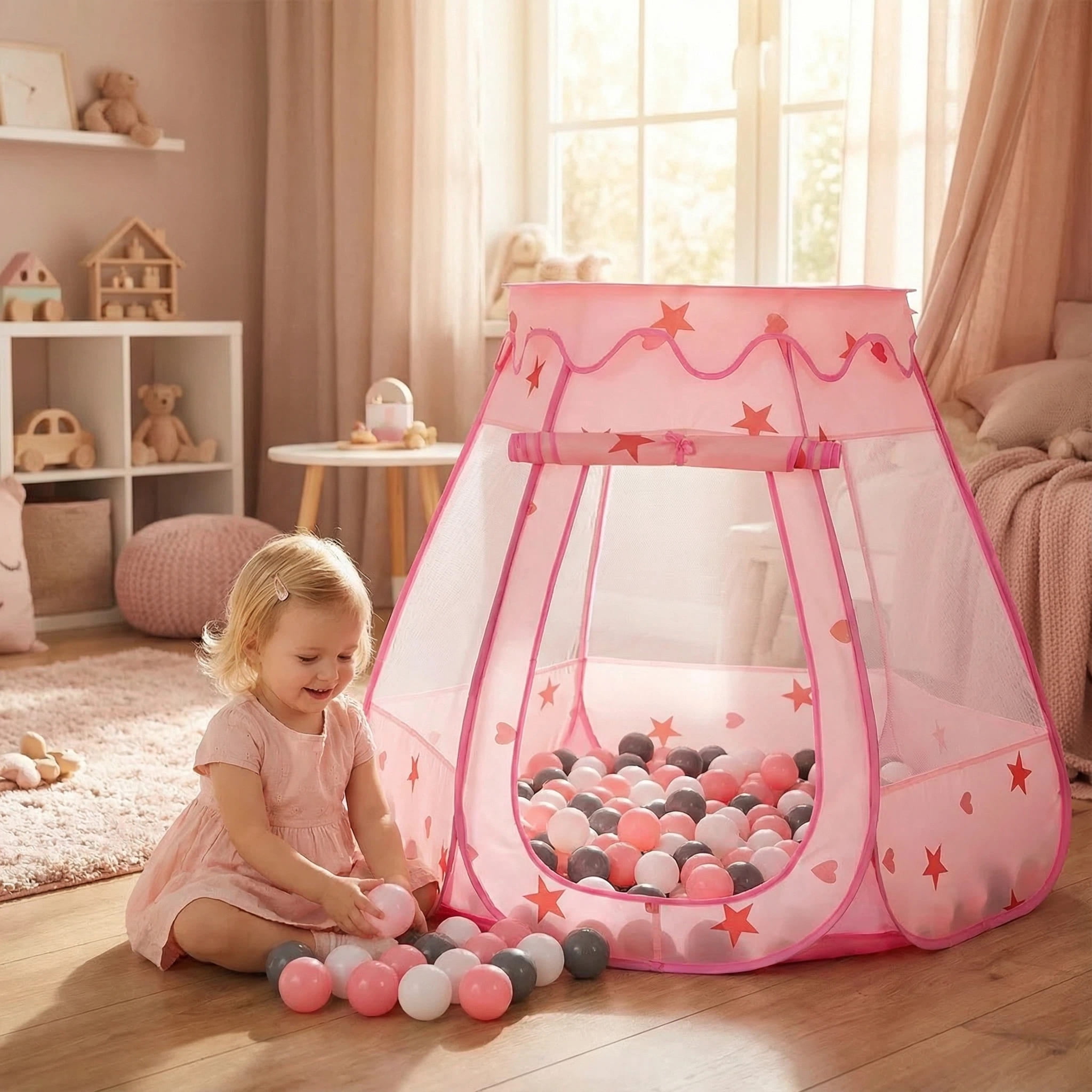 PigPigPen Princess Pop up Ball Pit for Toddlers with 50 Balls and Carry Bag, Pink/White/Gray