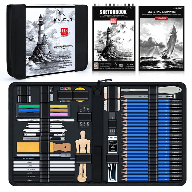 Set de Dibujo KALOUR 113 Piezas con Cuaderno de Bocetos y Herramientas de Arte