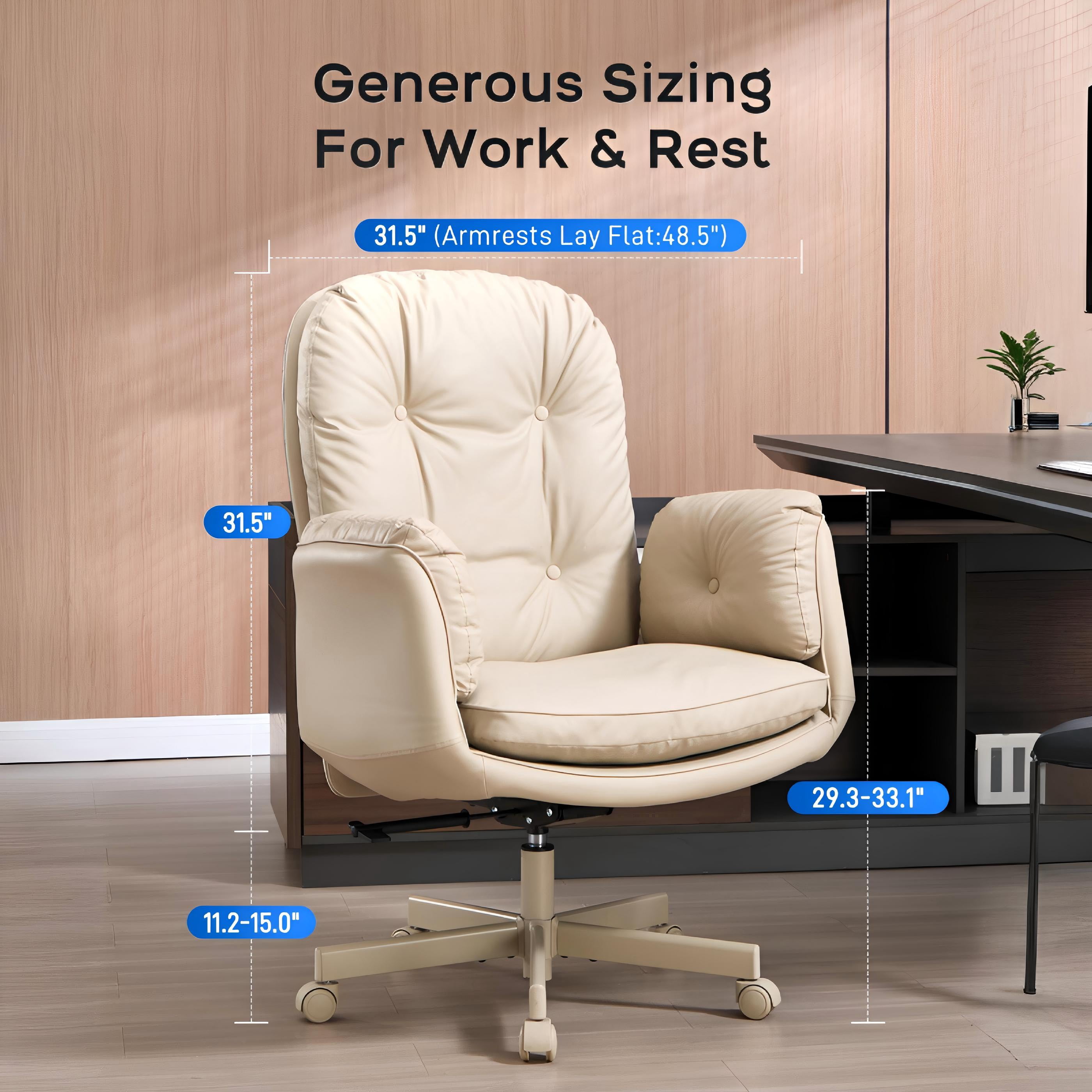 TMV Vanity Chair with Foldable Arms, Criss Cross Design Office Desk Chair - Standard Size Swivel Computer Chair with Wheels,Cream