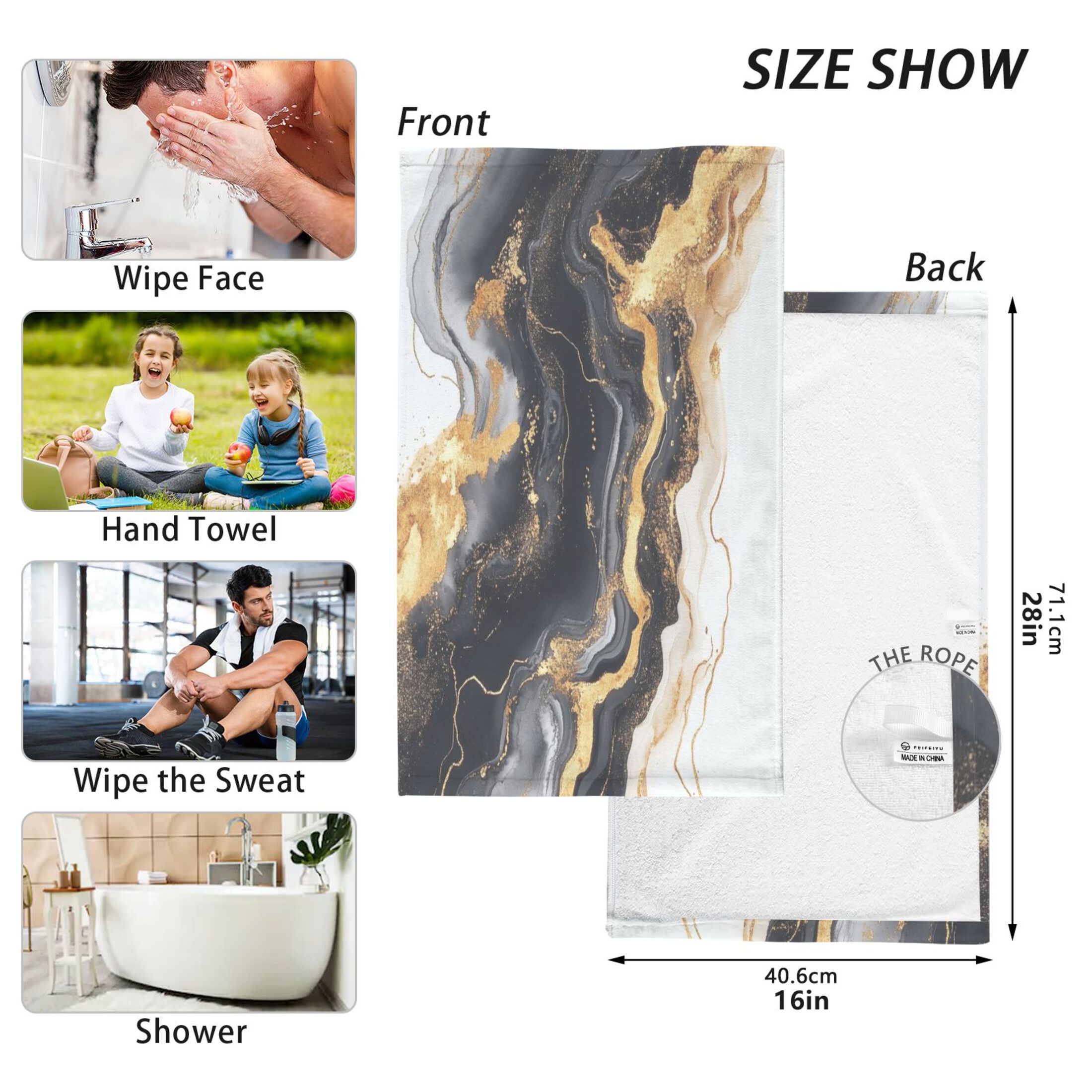 Cotton Towel Two-Piece 16x28 Inch One Sizex2 Face Towel Set Towel Set Cotton Hand Bath Towel Bathroom Beach Black Marble