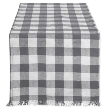 DII Gray Heavyweight Check Fringed Table Runner, 72 x 14", 100% Cotton